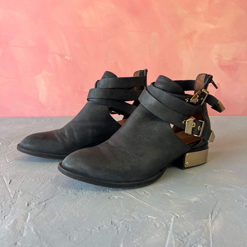 Jeffrey Campbell Black Ankle Boots with Brass Buckles